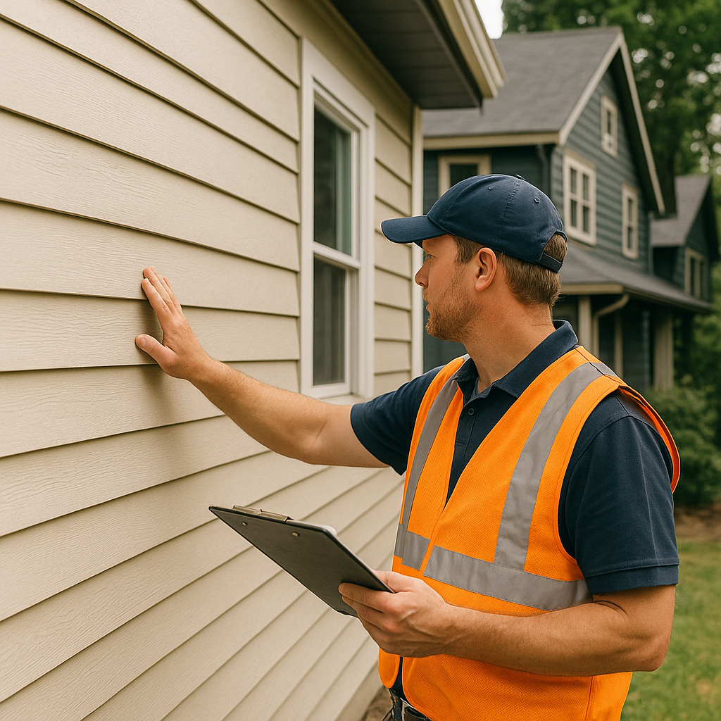 Contractor inspecting siding on Portland home