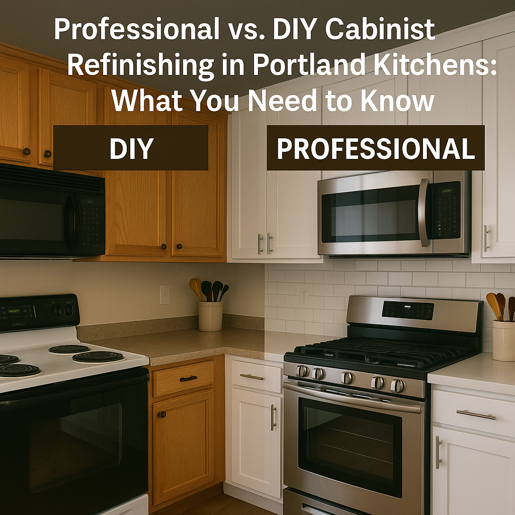 Side-by-side comparison of DIY and professionally refinished kitchen cabinets