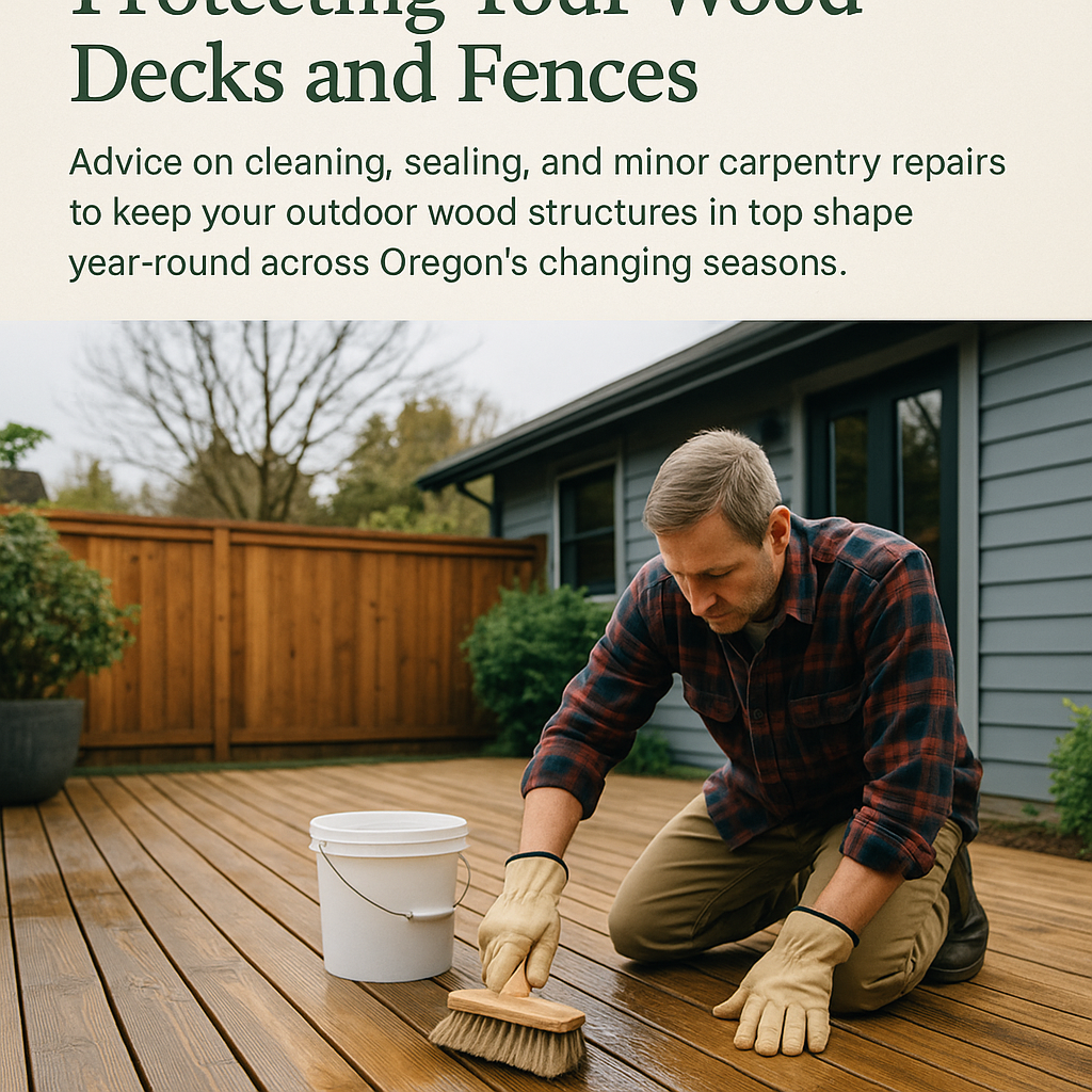 Wood deck and fence being maintained seasonally in Oregon backyard